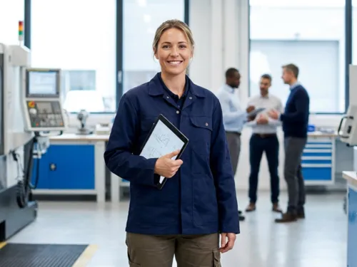 Selbstbewusste weibliche Fachkraft in moderner Arbeitskleidung aus dem handwerklich-technischen Bereich, realistisch dargestellt. Sie steht ruhig und fokussiert in einer sauberen, zeitgemäßen Umgebung mit weichem Tageslicht. Die Szene vermittelt Professionalität, Kompetenz, Zukunftsorientierung und Stolz auf qualifizierte Arbeit, ohne Klischees oder überzeichnete Gesten.