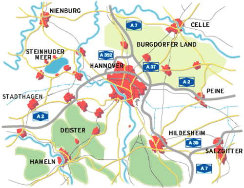 Karte mit eingezeichneten Städten und Straßen im Umland von Hannover.